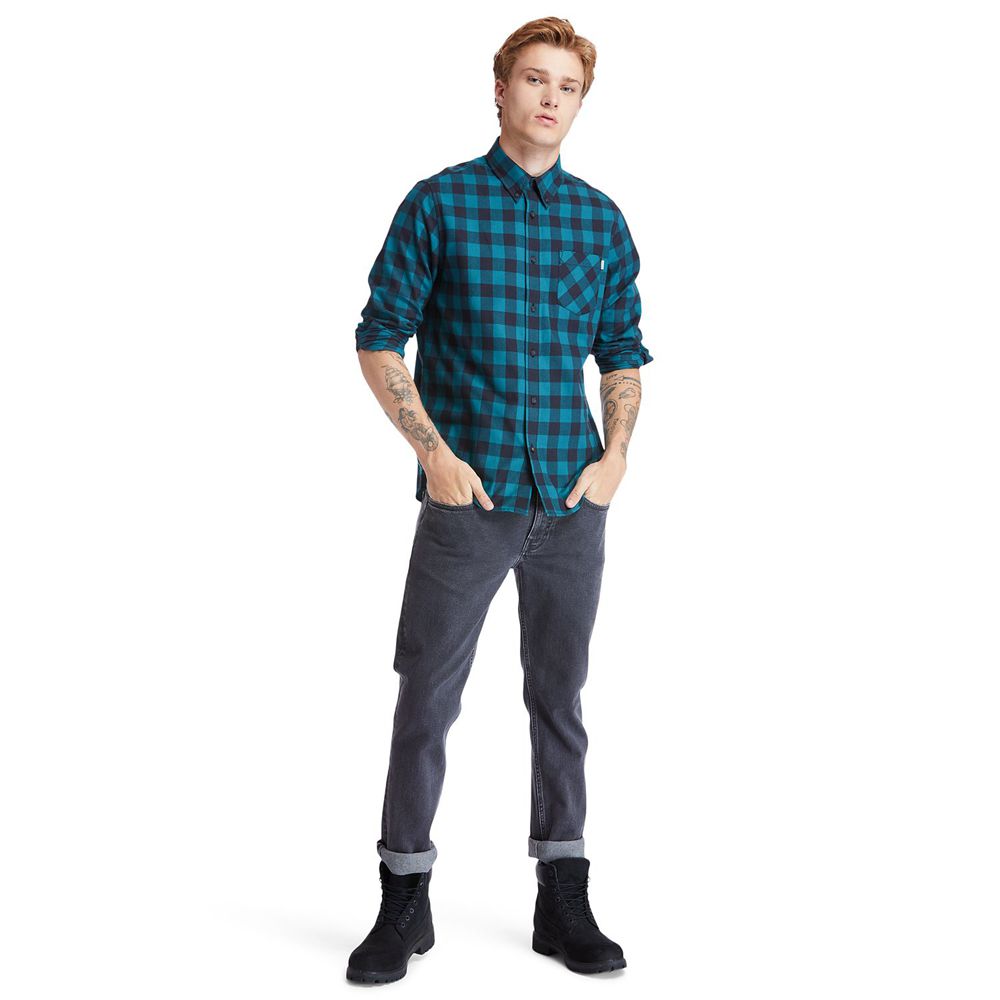 Timberland Πουκαμισα Ανδρικα Μπλε/Μαυρα - Nashua River Long-Sleeve Flannel Check - Greece 3610892-XP